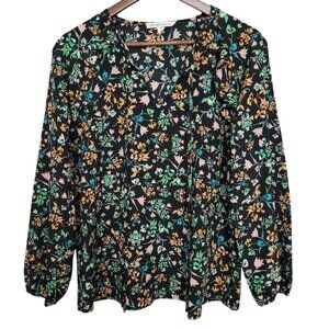 BCBG Generation Floral Print Blouse Womens Size S Ruffle V-Neck Tie Flowy